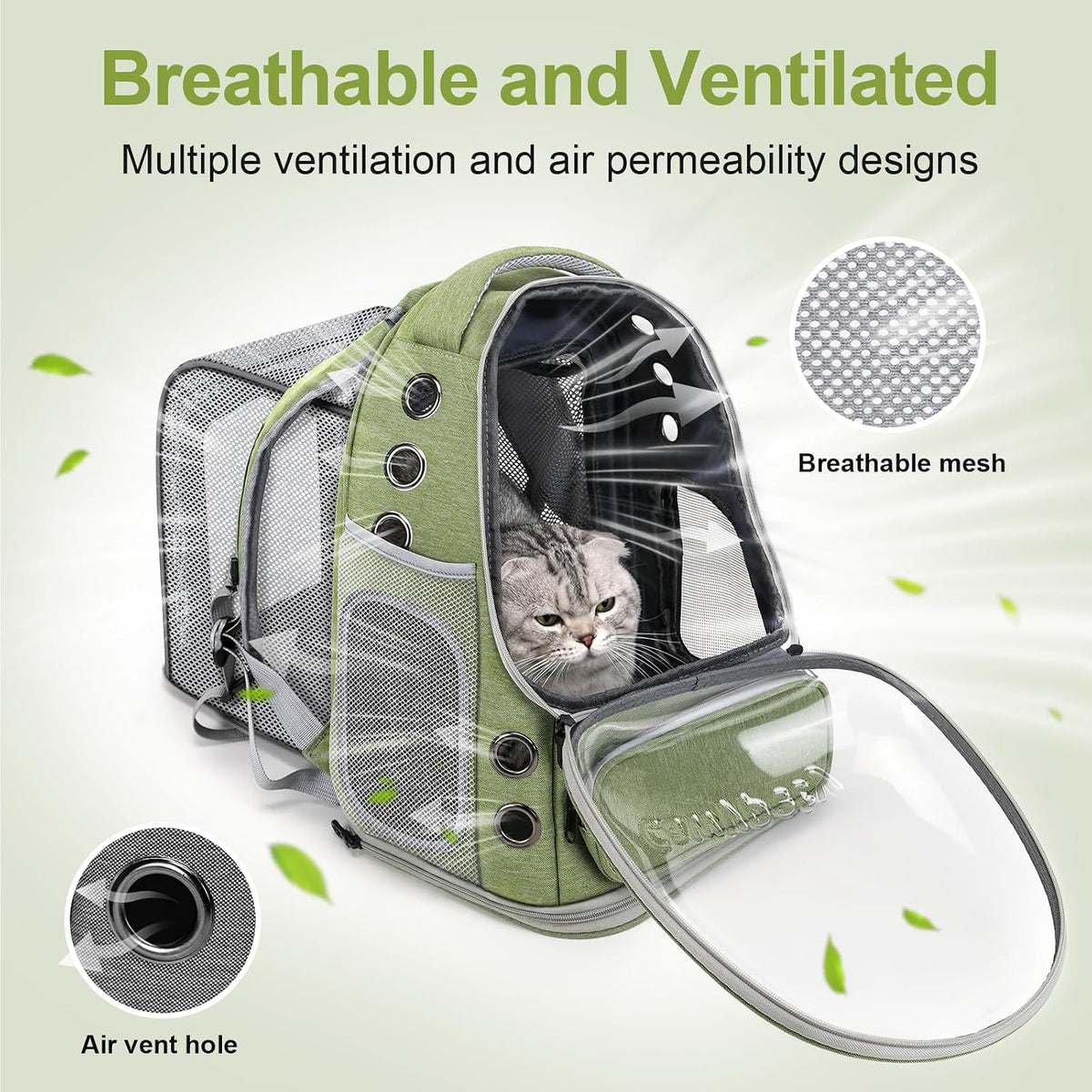 Cat Backpack Carrier, Breathable Cat Carrier Large Space Bubble Pet Backpack for Kitty Small Dog up - Square Expandable- Green - image 2