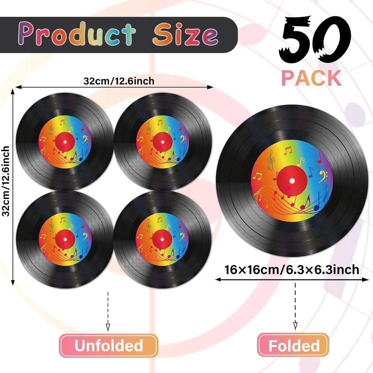 ZOIIWA vinyl record themed paper napkins with colorful music note logo, 50 pack - view 2