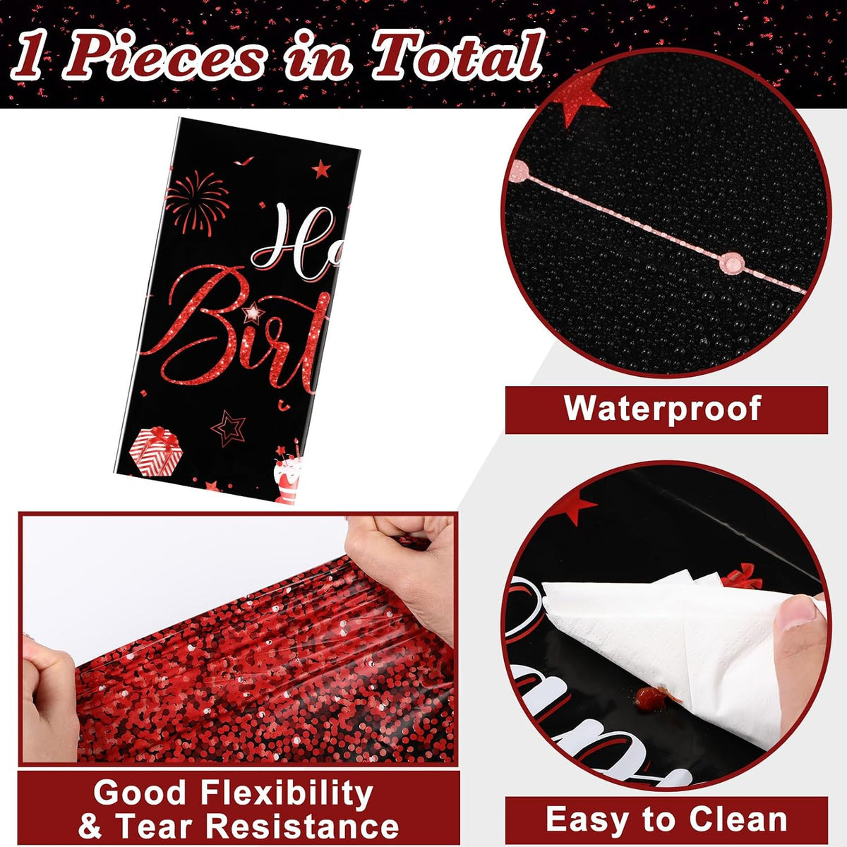 Tudomro 3 Pcs Plastic Happy Birthday Party Tablecloths - Black Red / 3 - image 2