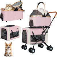 Double Pet Stroller, 4 Lockable Wheels for Small‑Medium Dogs & Cats – Essentials for Dogs - Pink