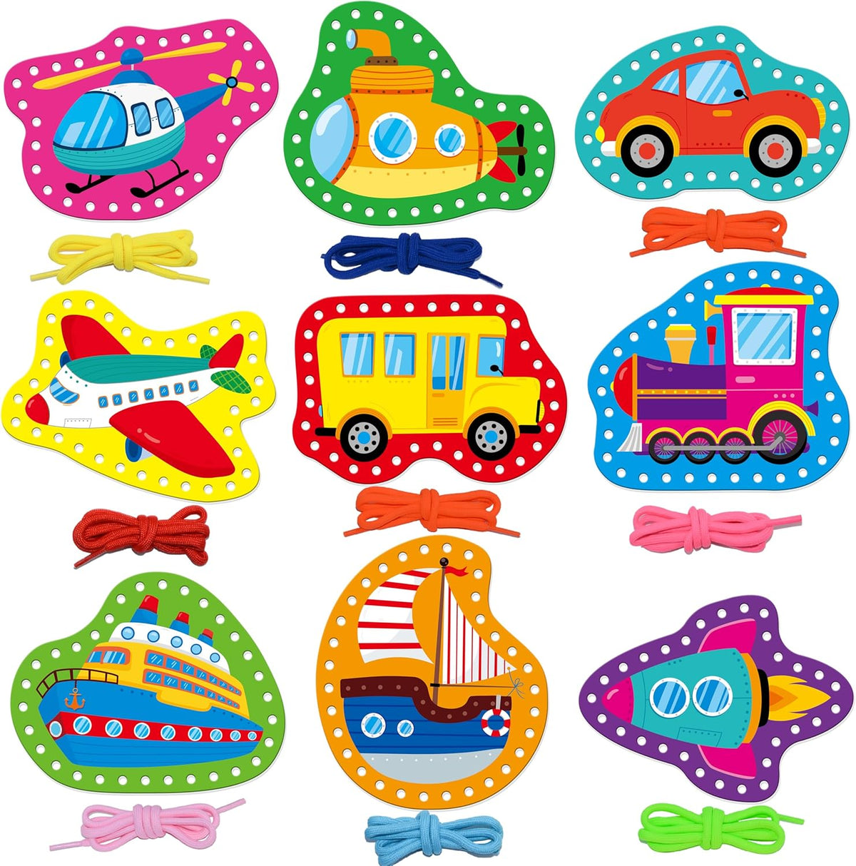 SpriteGru 9 Pieces Kids Lacing Cards - Vehicle-B