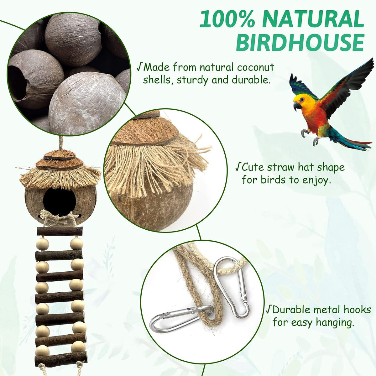 Natural Coconut Hide with Ladder Perches Hanging Bird House Toy - 1pc Coconut Fiber Birds Nest and Swing Toy - image 2
