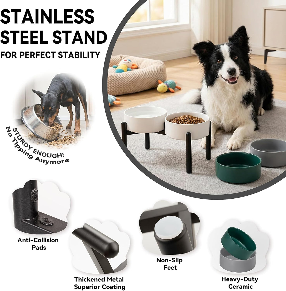 Raised Ceramic Dog Bowl Set with Stand - Dark Gray / 2 Bowls - 7.5 Cups Each - image 3