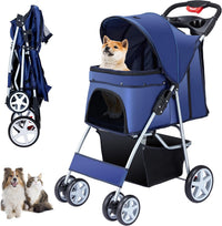 Unisakey Foldable 4-Wheel Pet Stroller for Dogs Cats 10-33lbs - Navy Blue