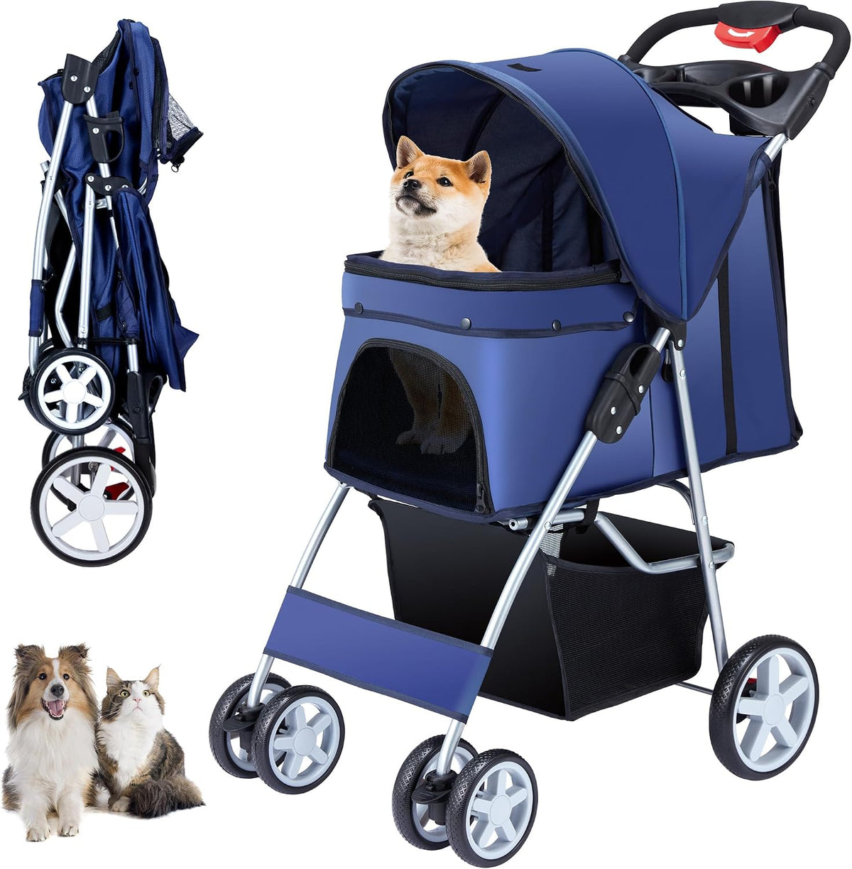 Unisakey Foldable 4-Wheel Pet Stroller for Dogs Cats 10-33lbs - Navy Blue