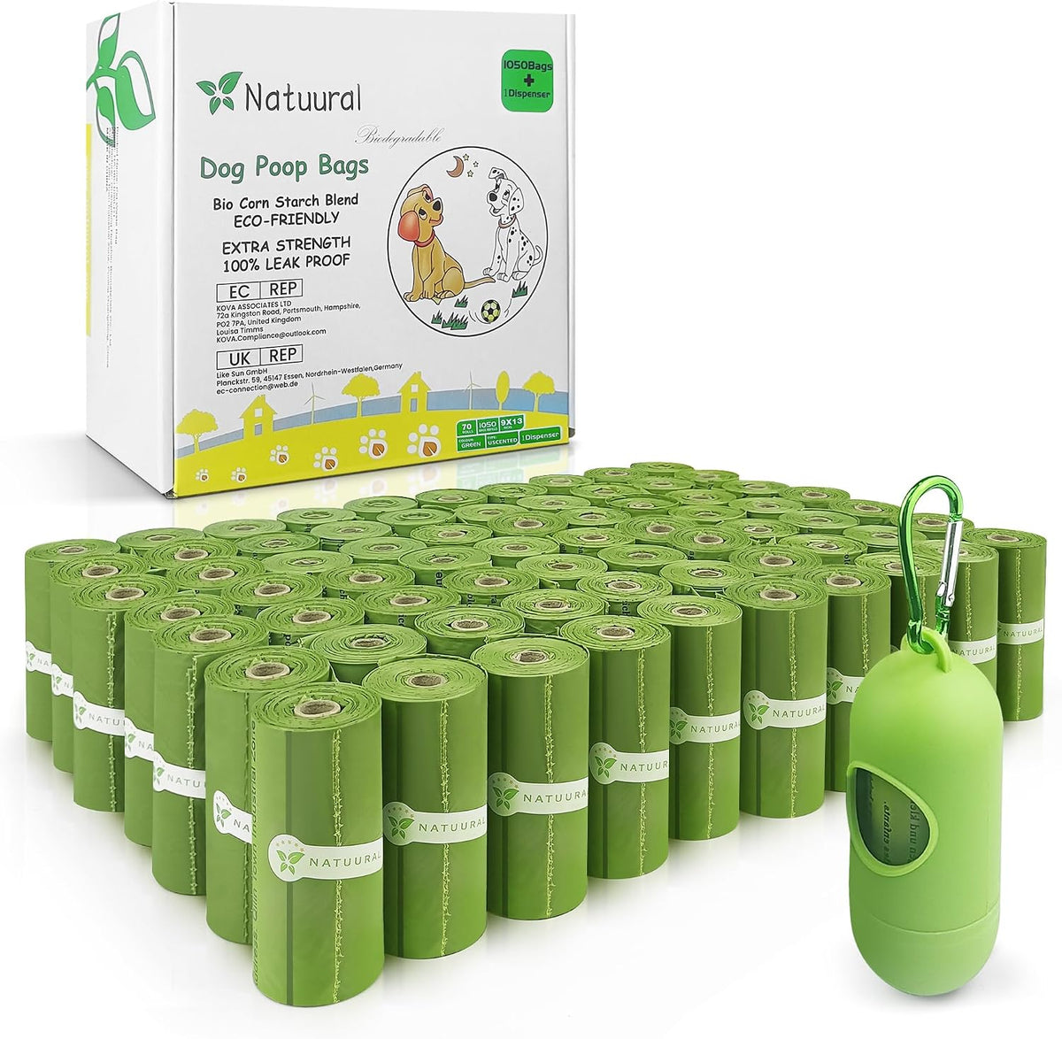 Dog Poop Bags-150 Counts with Leash Dispenser, 10 Rolls - Green / 1050 Count (Pack of 1)
