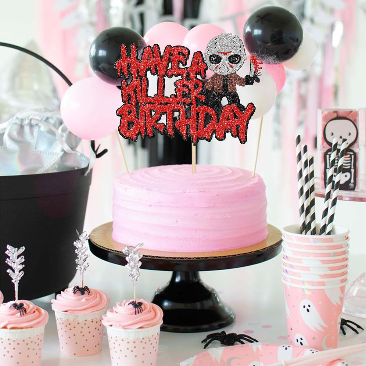 Zhuoweism Halloween horror Happy Birthday glitter cake topper on bamboo stick - view 31
