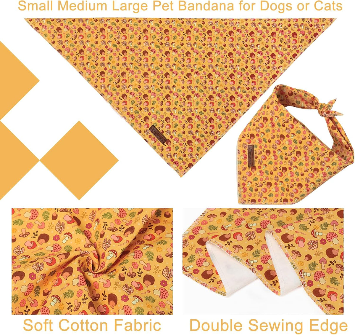 Summer Dog Bandana, UP URARA PUP Strawberry Triangle Bid Scarf for Medium Large Dogs, Cotton - Hedgehog Mushroom B / S - image 3
