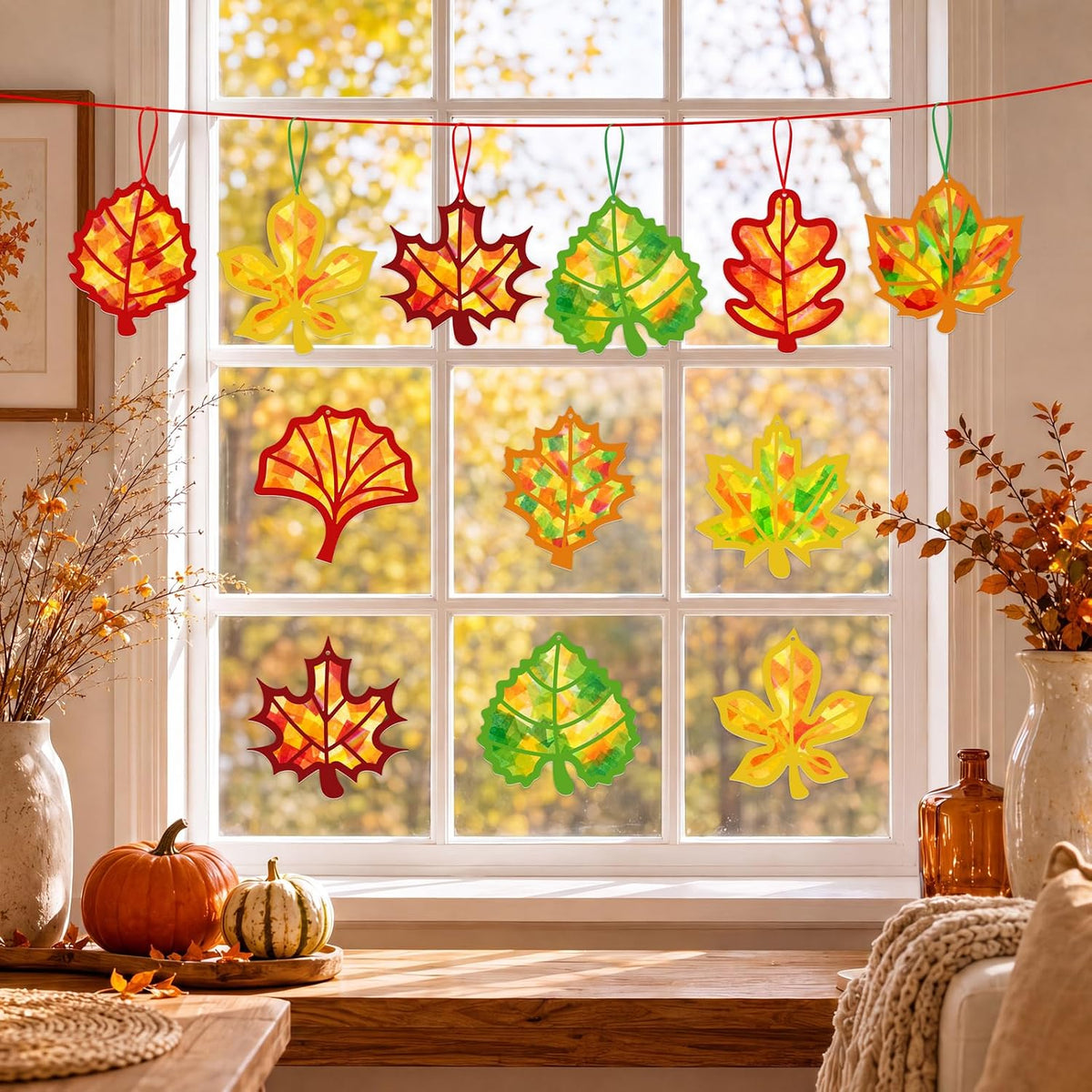 Renbuzhu fall leaf paper suncatcher craft kit with tissue paper and adhesive frames - view 34