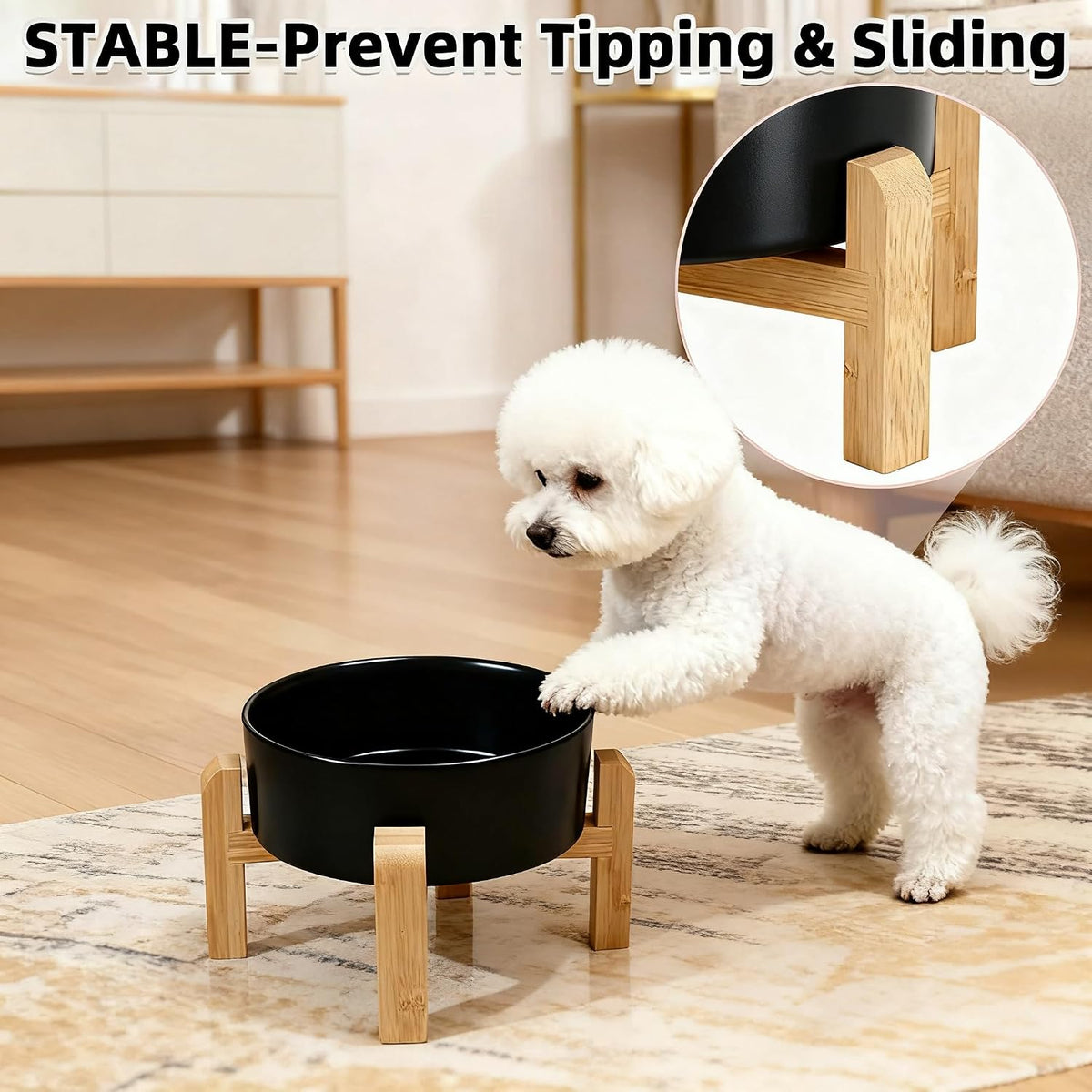 Elevated/Raised Ceramic Dog Bowl with Bamboo Stand，6 Inch 3.6 Cups - Black / Medium - image 4