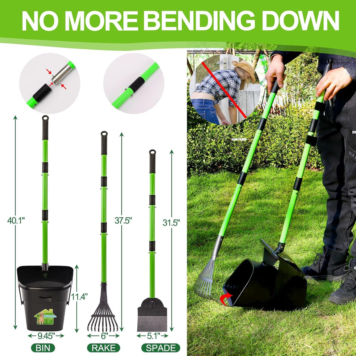 Pooper Scooper - 38" Long Adjustable Metal Handle Dog Pooper Scooper Swivel Bin & Rake & Spade - image 3