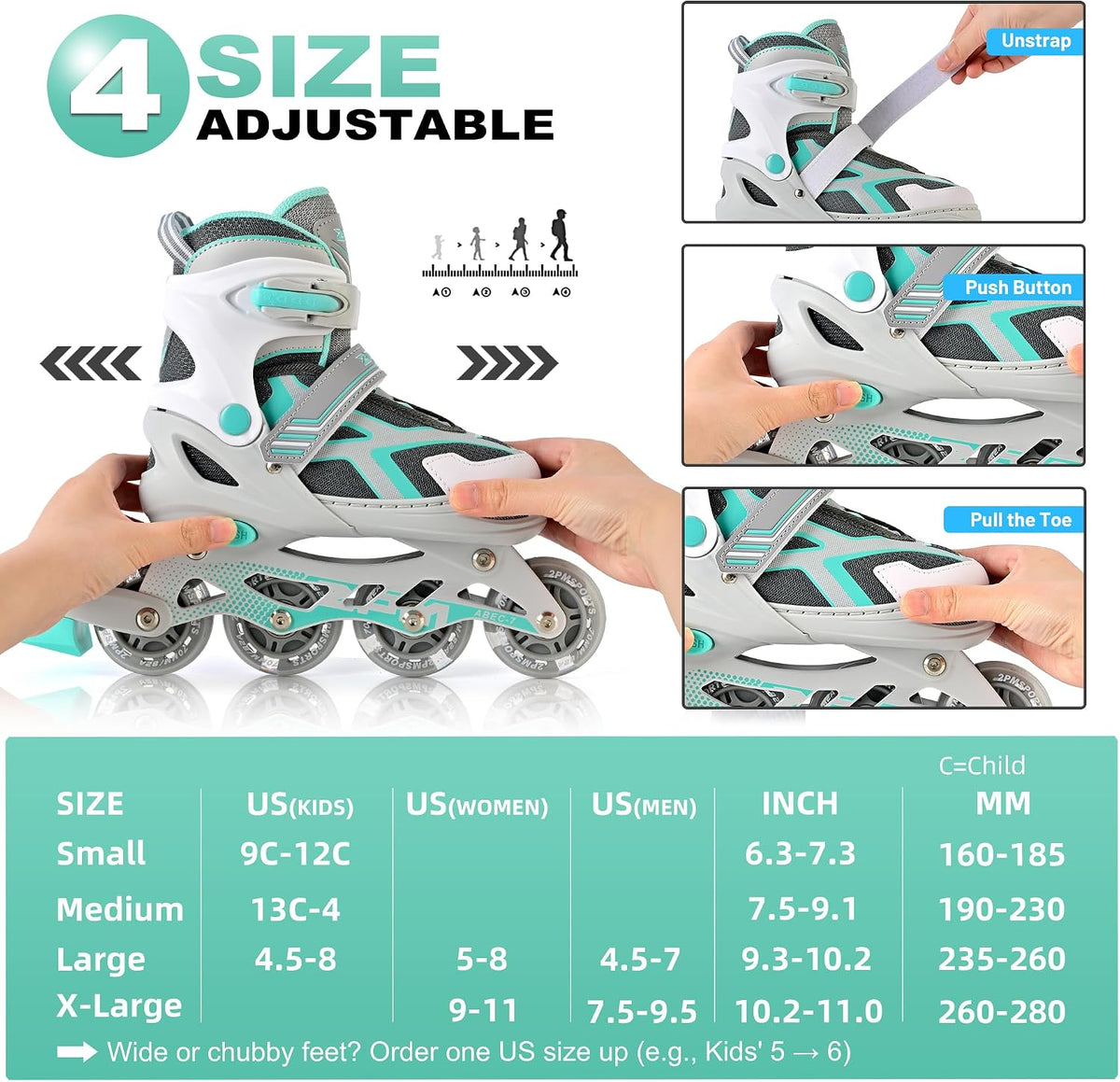 2PM SPORTS Adjustable Inline Skates for Kids, Youth and Adults – Fun for Kids & Family - G Teal / Small - Little Kid (9C-12C US) - image 3