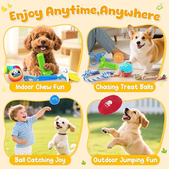 KIPRITII 25 Pack Various Puppy Dog Toys for Teething, Entertainment & Interaction, Puppy Chew Toys Pack with Rope Toy, Treat Balls and Dog Squeaky Toys for Puppies & Small Dogs