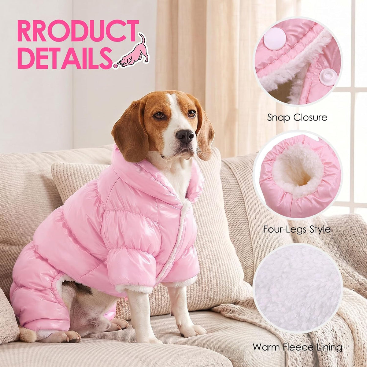 Dog Coat Waterproof Dog Jacket Fullbody Dogs Winter Coat Snowsuit – Essentials for Dogs - Pink / Small - image 4