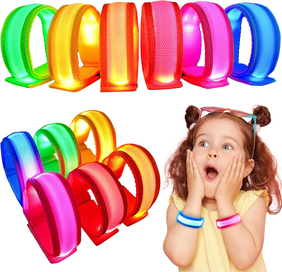 GiftInTheBox LED light up bracelets for kids in red, orange, yellow, green, blue and pink