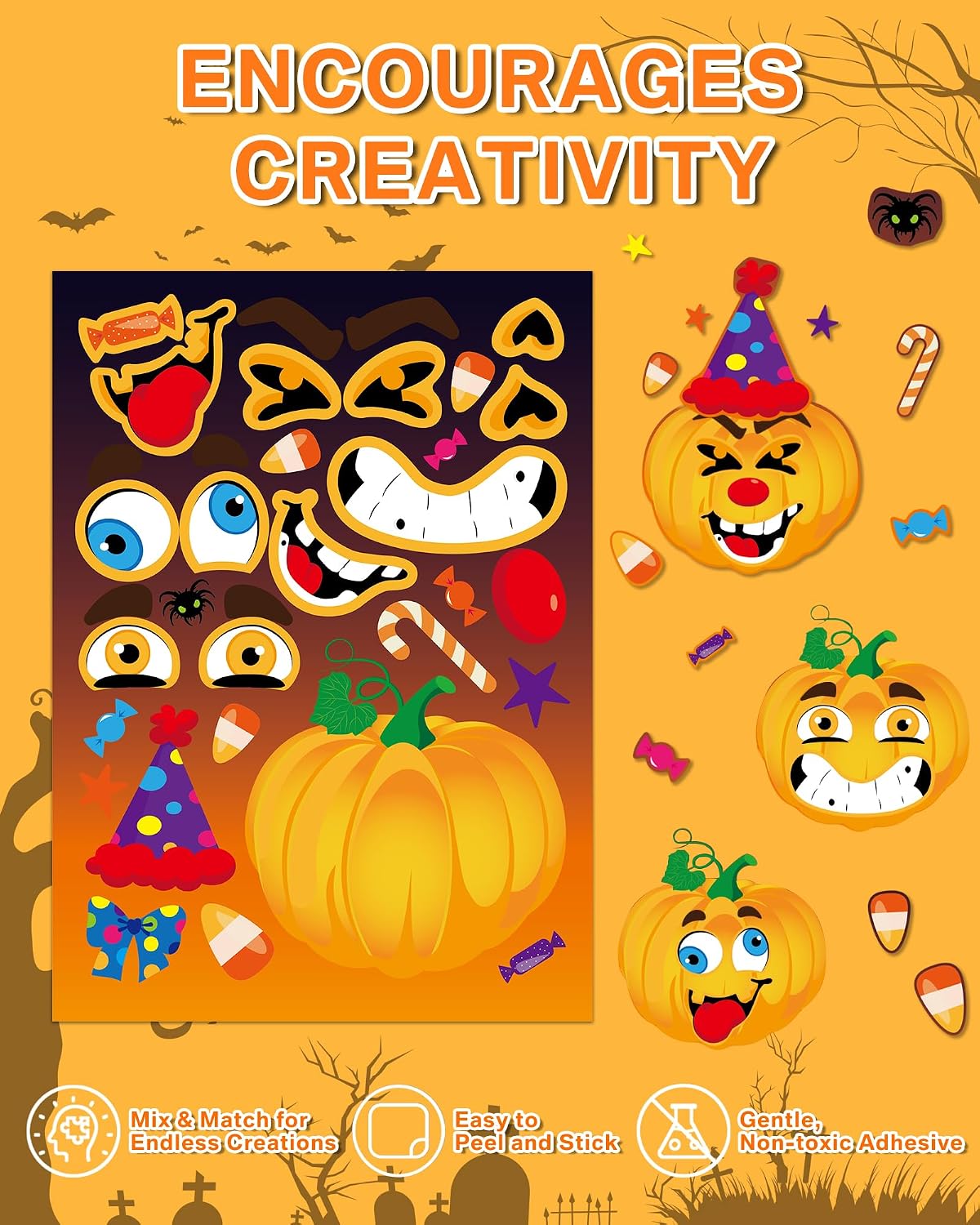 Aowplc Halloween make-a-face sticker sheets with witches, pumpkins and monsters - view 4