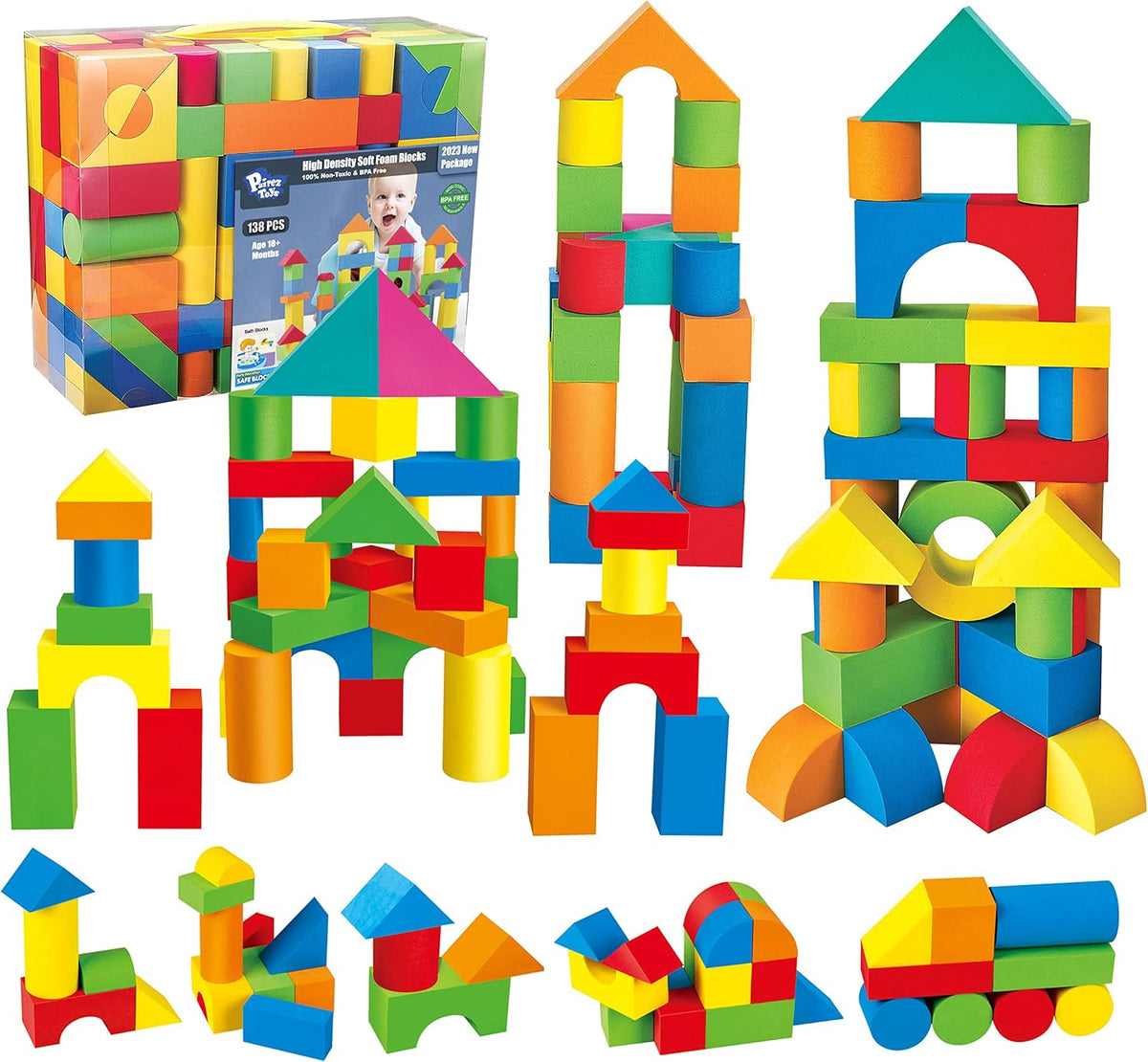 Foam Blocks for Toddlers, 138 Pieces EVA Soft Stacking Building Blocks Toy – Fun for Kids & Family