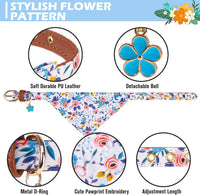 Dog Collar and Leash Set - Embroidery Floral Dog Bow Tie and Bandana Collar with Bell, Cute Flower - Flower Blue / Small - image 4