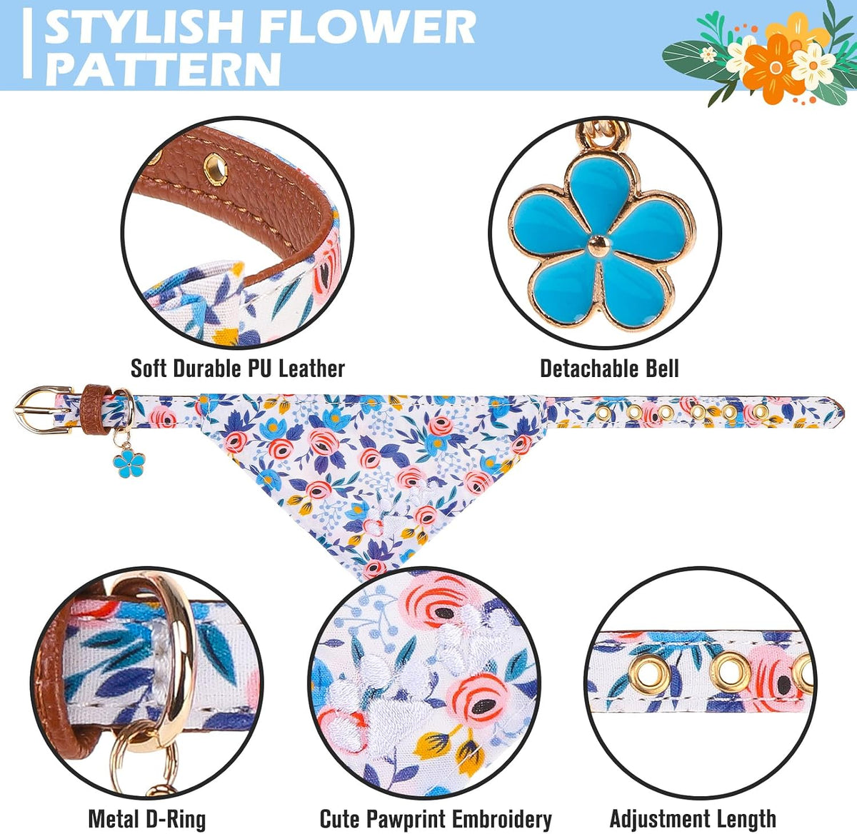 Dog Collar and Leash Set - Embroidery Floral Dog Bow Tie and Bandana Collar with Bell, Cute Flower - Flower Blue / Small - image 4