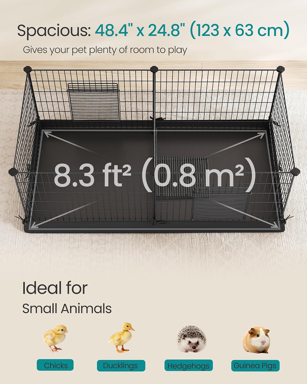 SONGMICS Pet Playpen, Small Animal Cage – Essentials for Small Pets - Black / 48.4"L x 24.8"W x 18.1"H / 7 Panels with Bottoms - image 4
