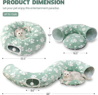 Cat Tunnel for Indoor Cats, Cute Peekaboo Cave with Dangling Balls, Pet Donut Tunnel Bed with Circle Mat for Puppy Kitten Rabbit, Green