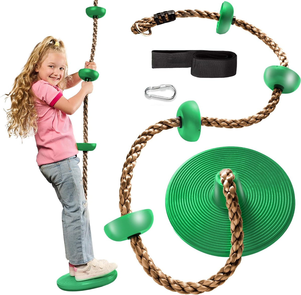 Jungle Gym Kingdom Tree Swing for Kids - Green Disc/Brown Rope Swing