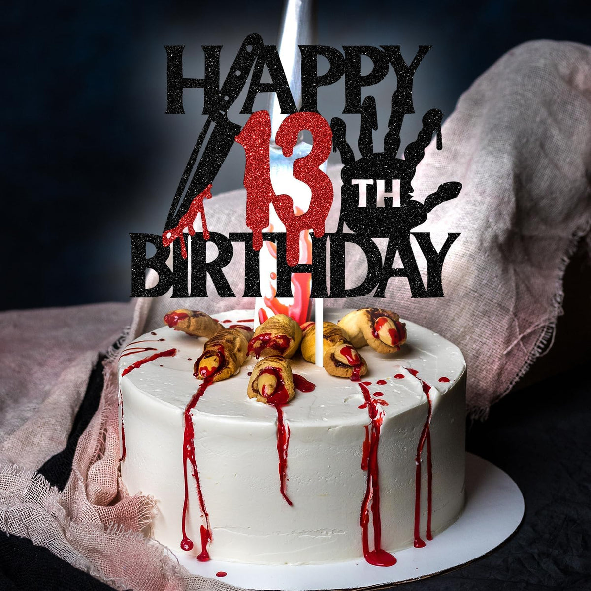 Black glitter Killer Happy 13th Birthday cake topper for a horror Halloween party - view 17