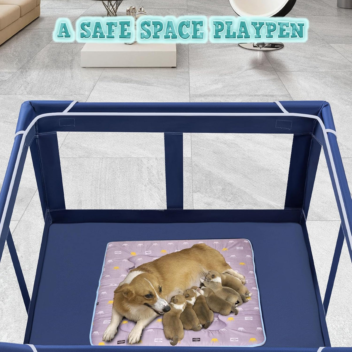 42x42 Inches Puppy Playpen with Gate - Blue / 42x42 IN With Cover - image 4