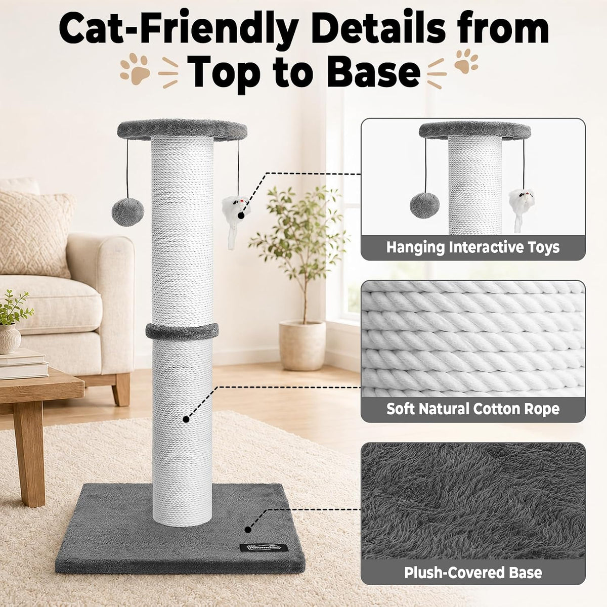 34-Inch Tall Cat Scratching Post for Large Cats, Stable Base - Gray - image 4