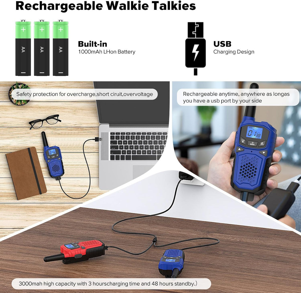 Rechargeable Walkie Talkies 3-Pack for Kids & Adults – Long Range 2-Way Radios with NOAA Alerts