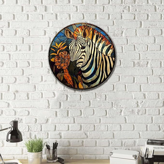 Lygond Metal Sign Tin Sign Circular Stained Glass Zebra Boho Office Decor for Gift 8×8 Inches