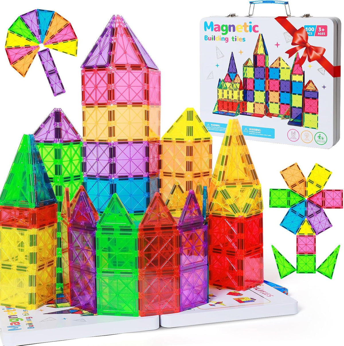 42PCS Mini Magnetic Tiles Travel Set with Iron Storage Box - 100 PCS