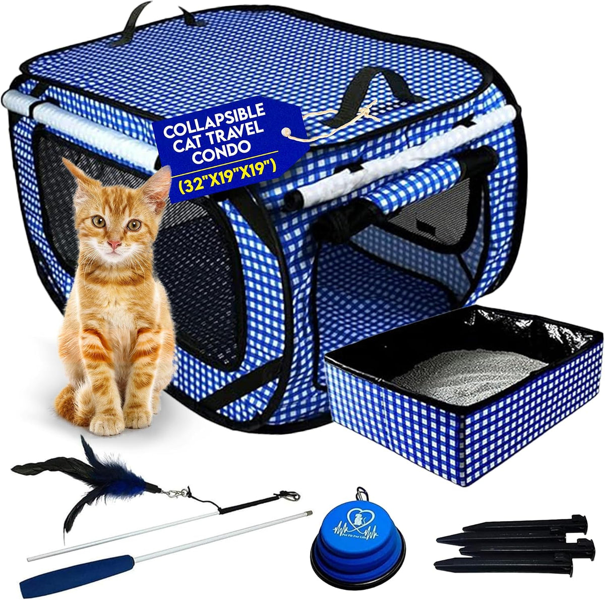 Extra Large Cat Carrier for Travel, Blue Checkers - Blue