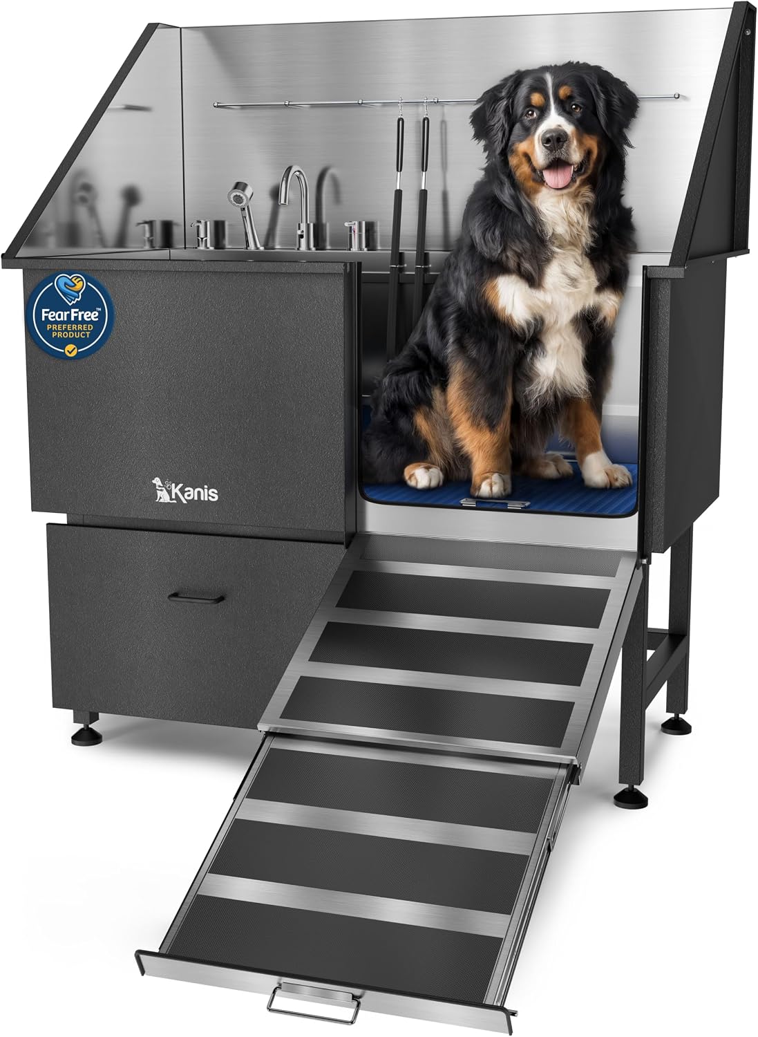 Professional Dog Washing Station 304 Stainless Steel Pets Grooming Tub – Essentials for Dogs - Black, Right Ramp, 1 Drawer / 50 Inches