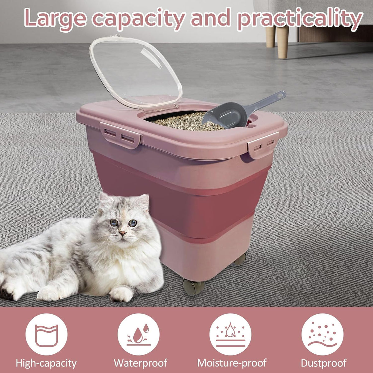 Collapsible Cat Litter Storage Container with Rolling Casters - Pink - image 3
