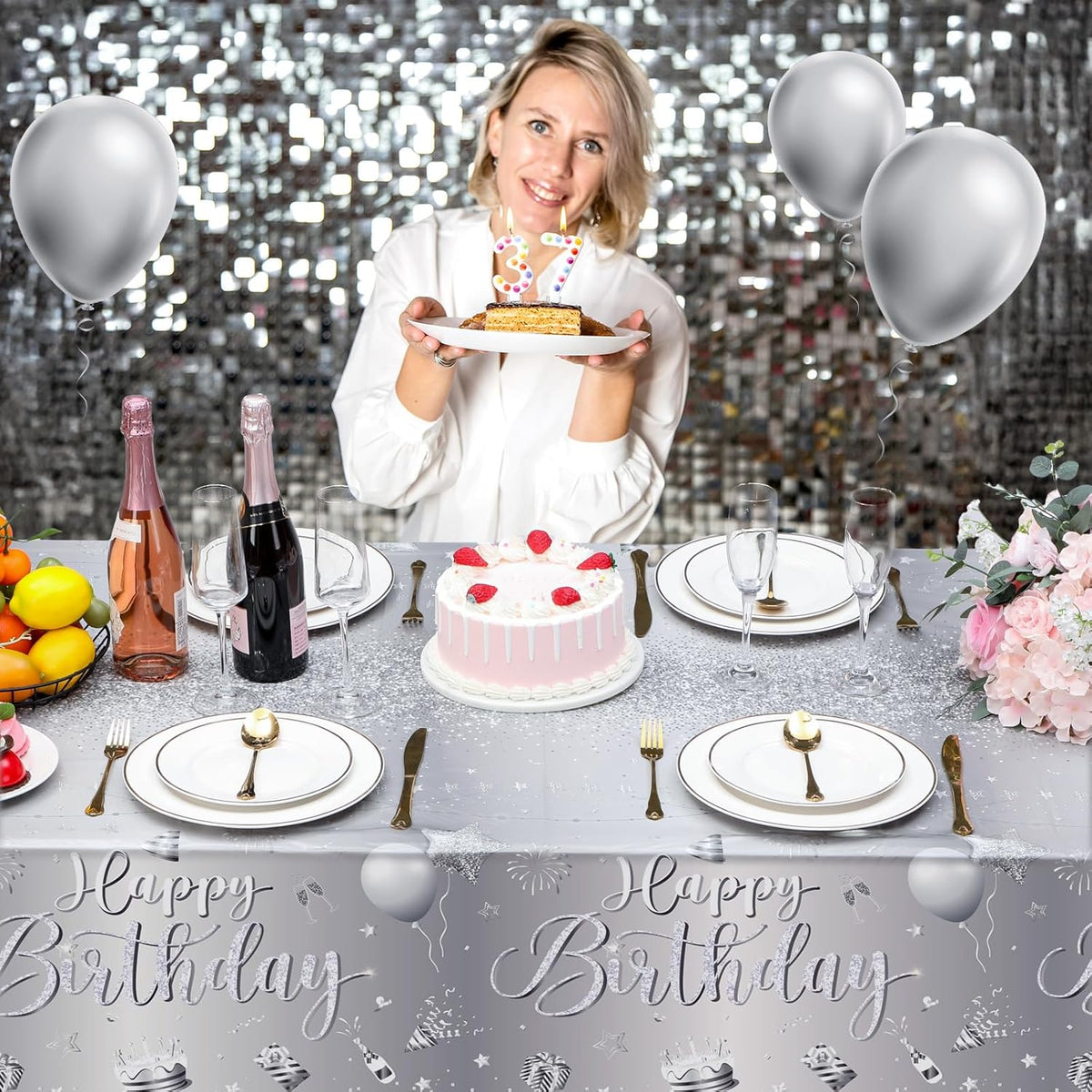 Tudomro 3 Pcs Plastic Happy Birthday Party Tablecloths - Silver / 3 - image 3