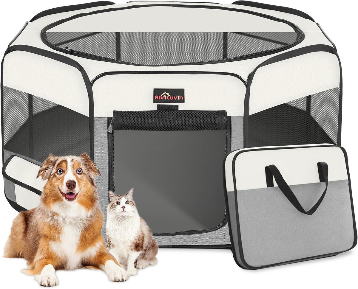 Aivituvin Dog Playpen, Foldable Pet Play Pens with Carrying Bag for Cat, Puppies, Rabbits, Portable - XL / Grey