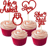 Gyufise He Asked She Said Yes Cupcake Toppers Gold Glitter Diamond - Red