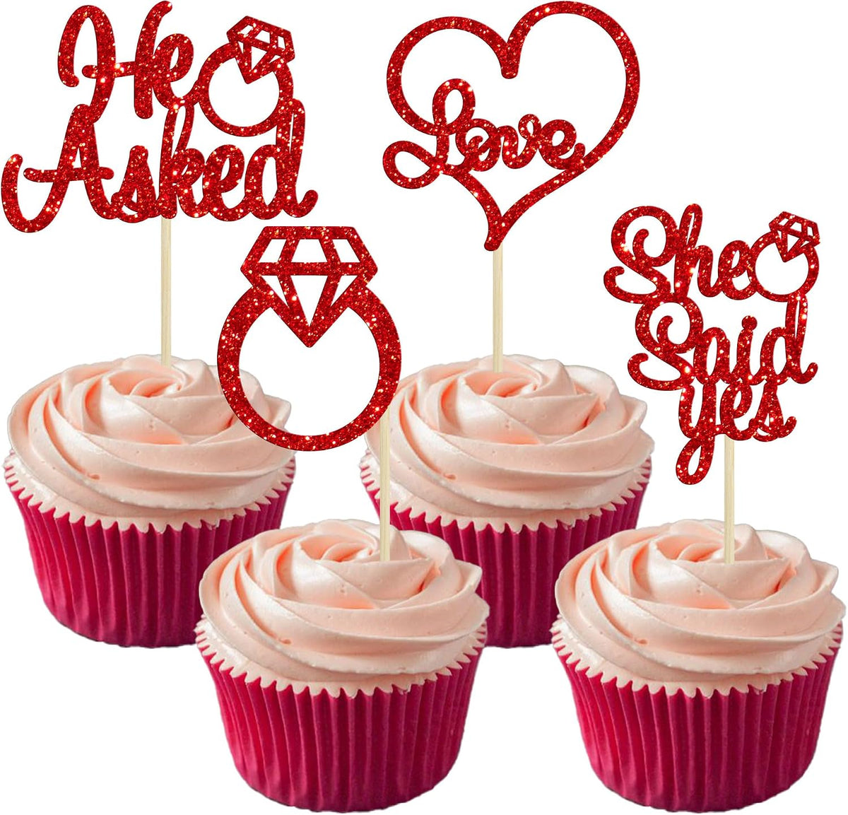Gyufise He Asked She Said Yes Cupcake Toppers Gold Glitter Diamond - Red