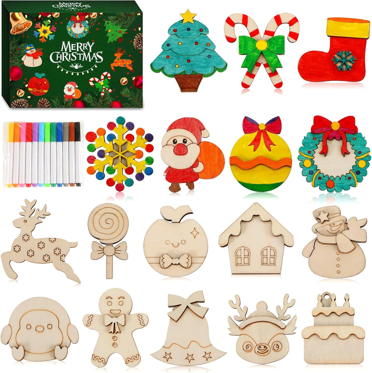 Worgree DIY wooden Christmas magnets craft kit with trees, ornaments, snowflakes and colored pens