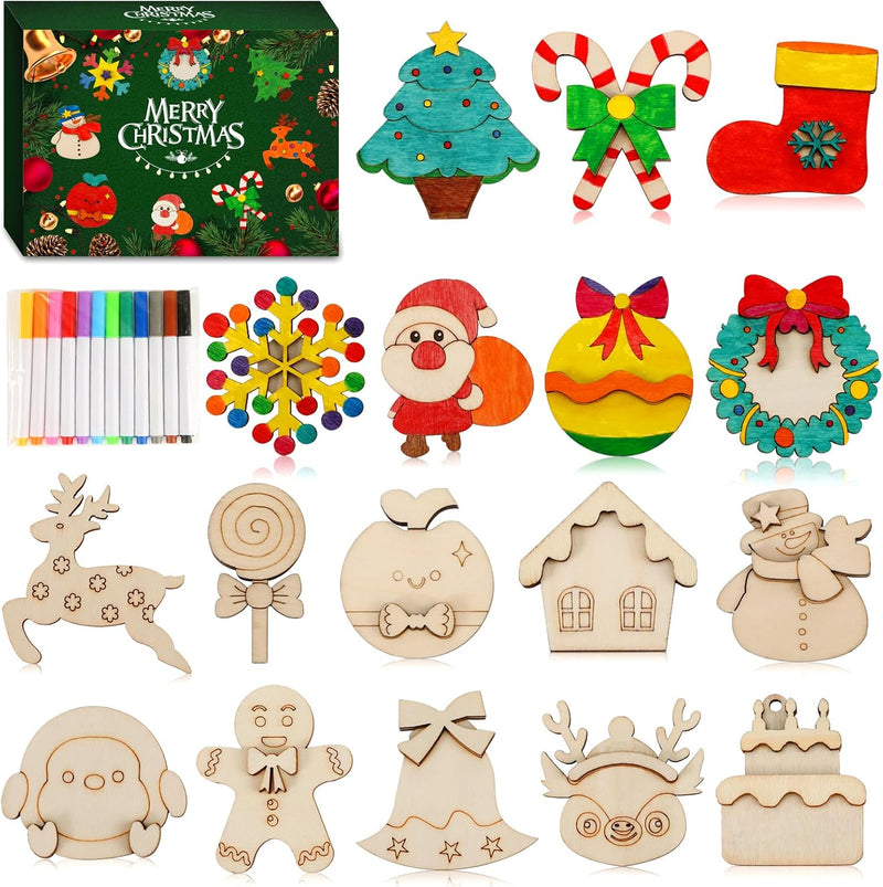 Worgree DIY wooden Christmas magnets craft kit with trees, ornaments, snowflakes and colored pens