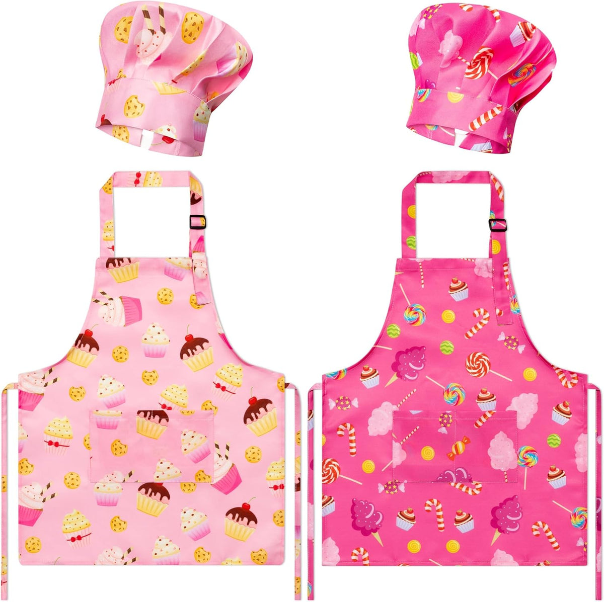 4Pcs Kids Apron and Chef Hat Set Gift for Girls Boys - Pink Cookie Candy