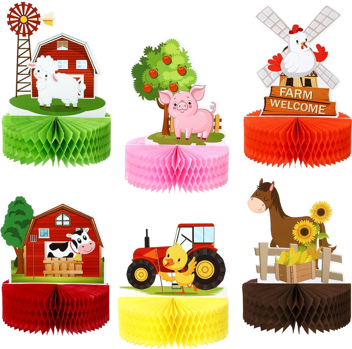 Threan 6 farm animal honeycomb table centerpieces with pigs, cows and sheep