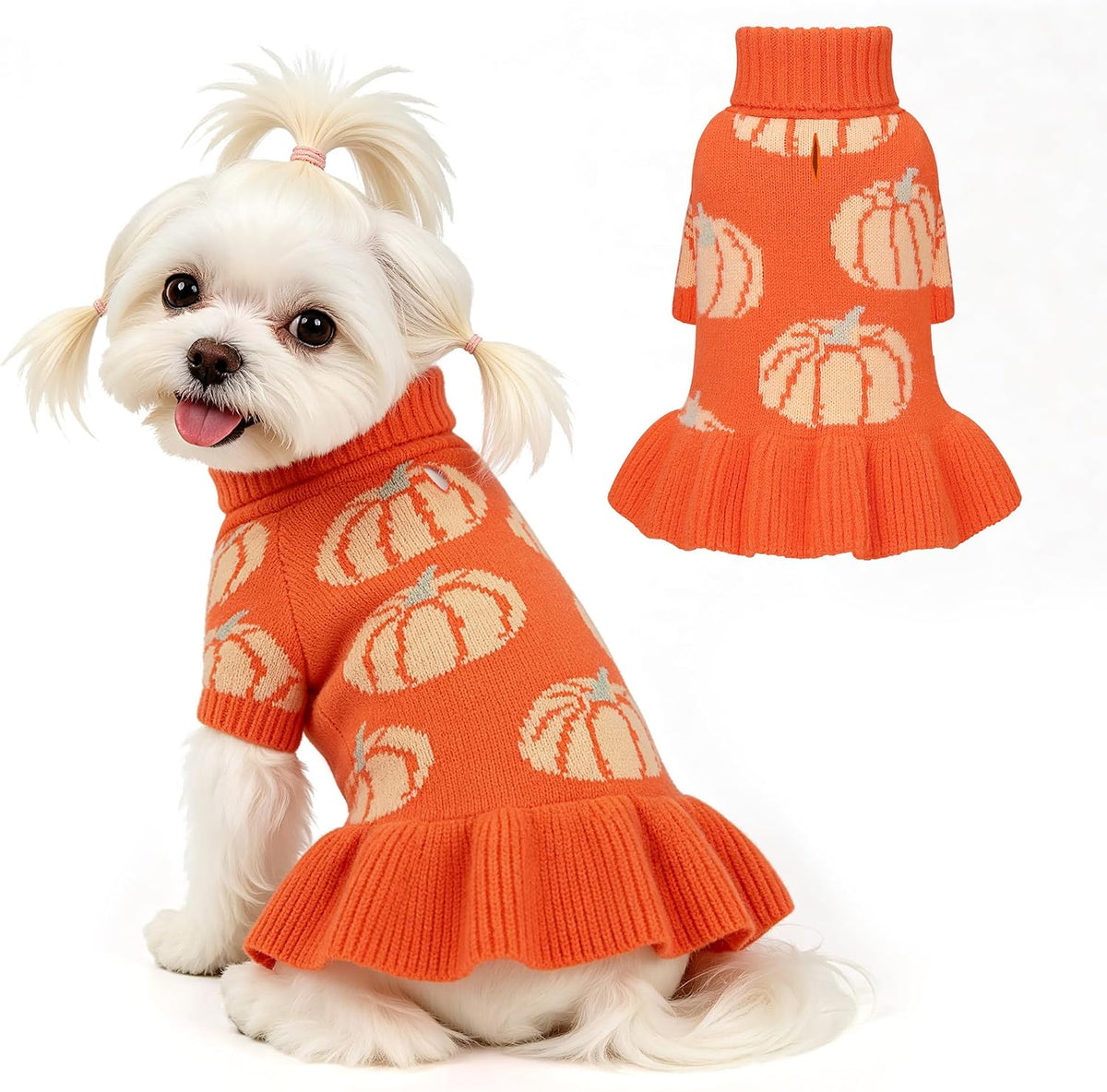 Bowknot Dog Sweater Dress for Small Dogs Girl - Medium (8-14lbs) / Pumpkin Orange