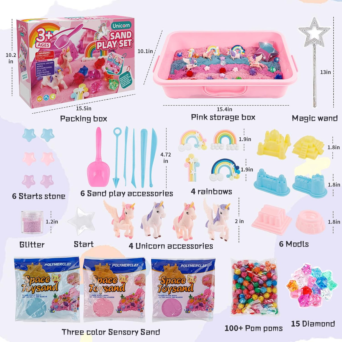 Volmop unicorn sensory bin with sandbox, colored play sand, castle molds and unicorn decorations - view 7
