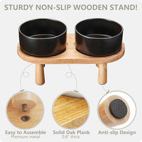 Ceramic Elevated Dog Bowls, Pet Food and Water Bowl Set for Medium and Small Dogs, 3.5 Cups Dog Bowls Raised with Wood Stand, 29OZ, Black