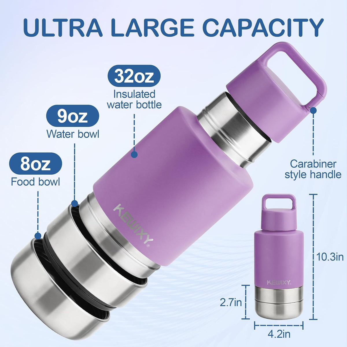 KEWIXY Insulated Dog Travel Water Bottle with Detachable Bowls - Lavender / 32 Oz - image 4