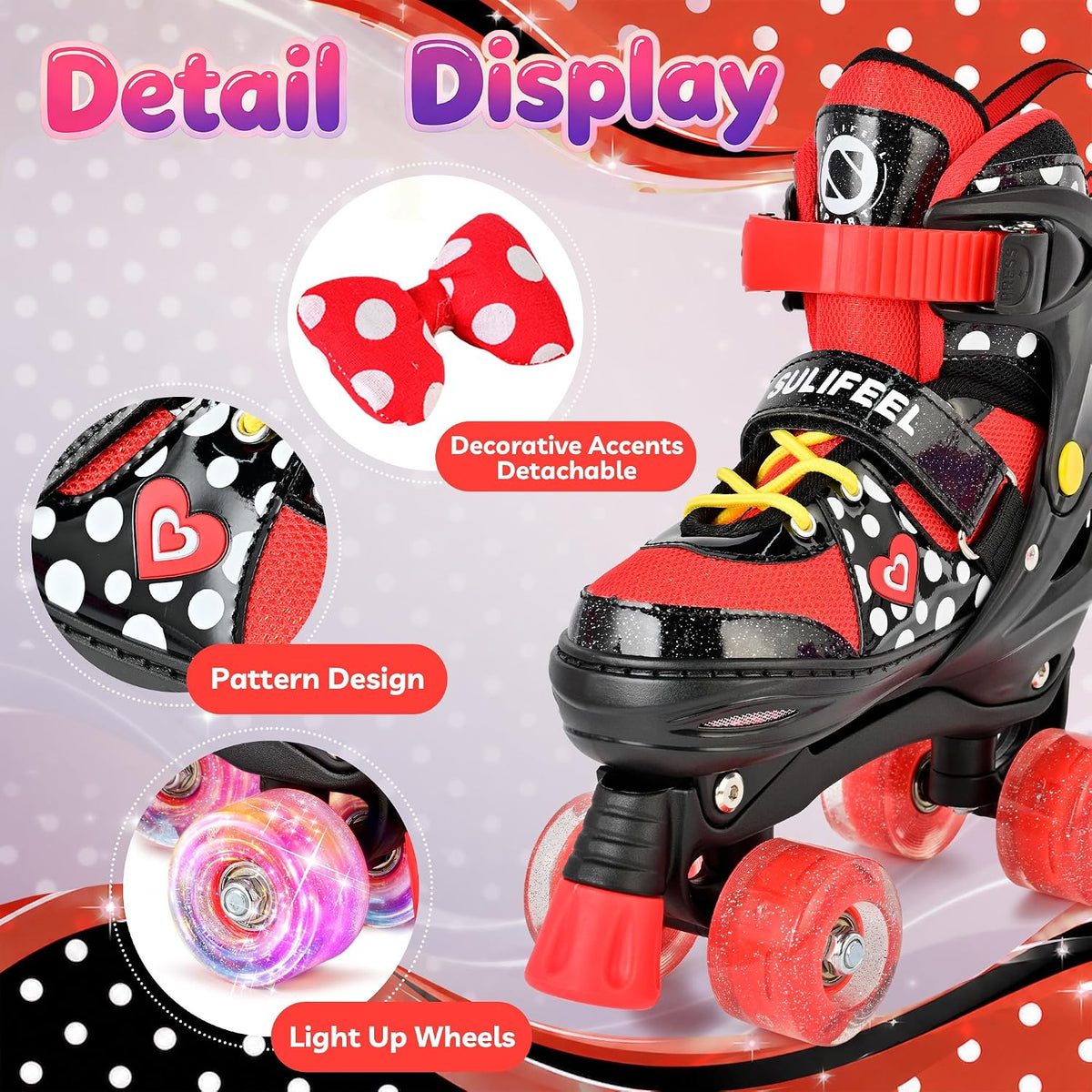 SULIFEEL Adjustable Kids Roller Skates, Light up Wheels – Fun for Kids & Family - G Dots Black / Small - Little Kid - image 2
