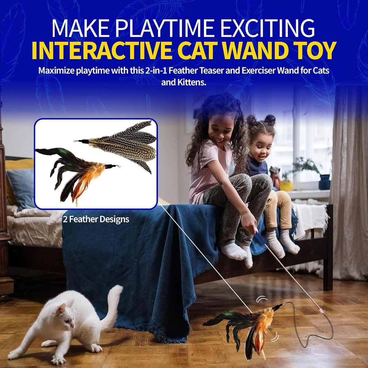 Pet Fit For Life Cat Feather Interactive Wand Toy Set - Wand + 2 Feathers, Browns - image 4