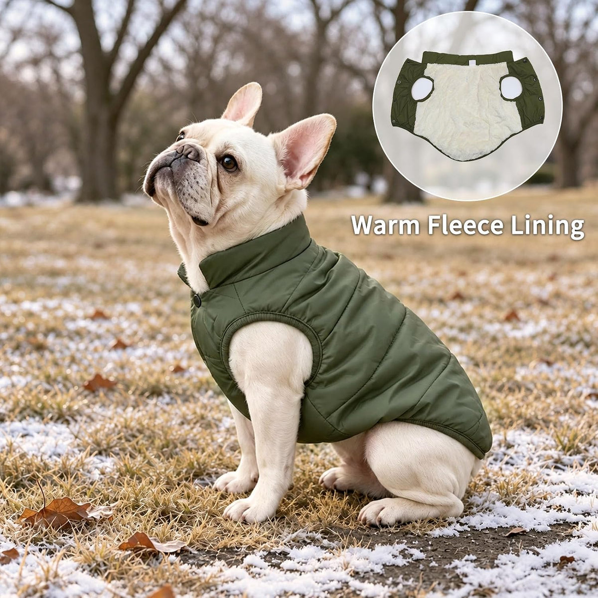 Fleece Lined Dog Jacket for Small Dogs, Winter Dog Coat - Green / Medium - image 3